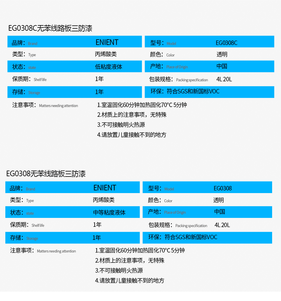 EG0308無(wú)苯線(xiàn)路板三防漆具有優(yōu)異的防水、防潮、防塵、絕緣性能，同時(shí)耐冷熱沖擊、耐老化、耐輻射、耐鹽霧、耐腐蝕、耐振動(dòng)、耐電弧，柔韌性、附著力等性能良好，帶熒光指示，可檢查噴涂是否到位。